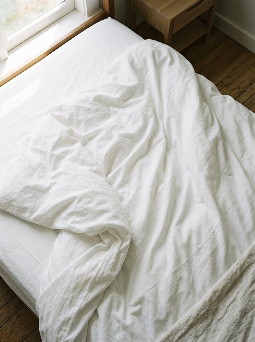 Vue de dessus d'une housse de couette en percale de coton légèrement froissée, illustrant sa légèreté et sa capacité à laisser l'air circuler.
