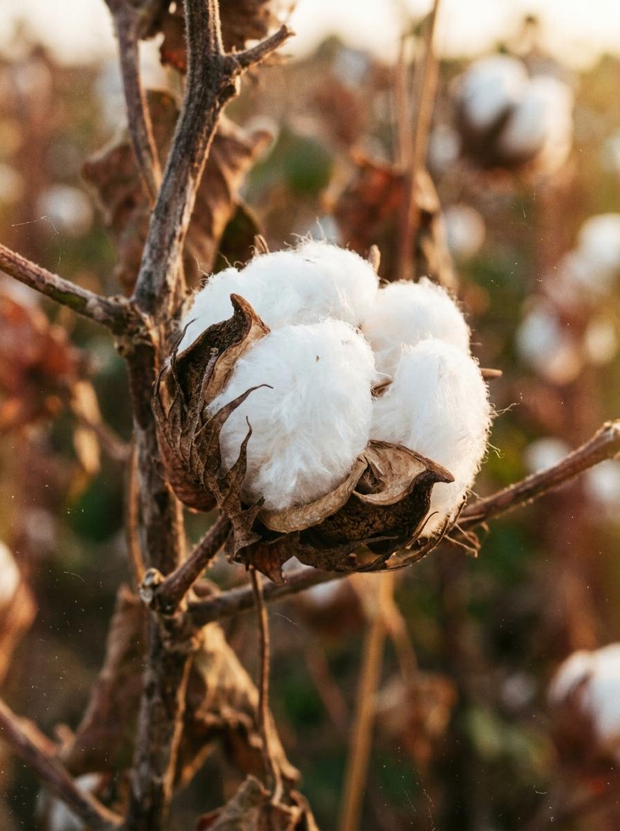 Gros plan sur une fleur de cotonnier ouverte, montrant les fibres de coton blanches et pures, évoquant son origine naturelle et hypoallergénique.