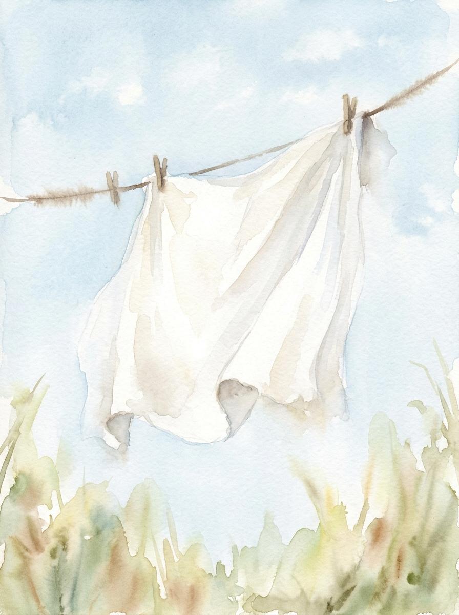 Illustration à l'aquarelle d'un drap en coton blanc séchant sur une corde à linge, flottant dans la brise sous un ciel bleu pâle.