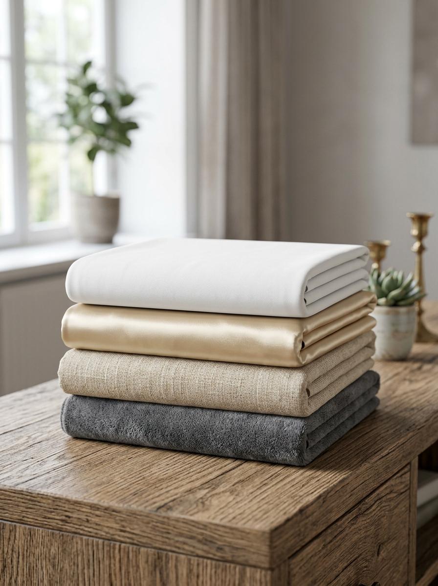 Une pile de tissus comparant la percale (mate), le satin (brillant), le lin (texturé) et la microfibre (synthétique).