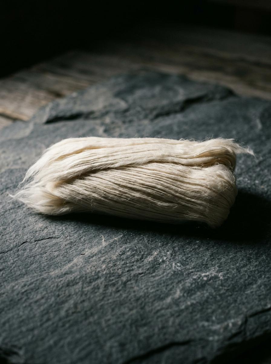 Fibres de coton peigné à longues soies, alignées et illuminées pour montrer leur longueur et leur finesse, un signe de haute qualité.