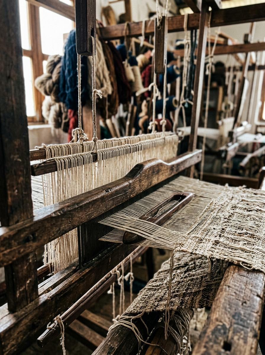 Gros plan sur un métier à tisser traditionnel en bois, montrant l'entrelacement des fils qui symbolise la fabrication française.