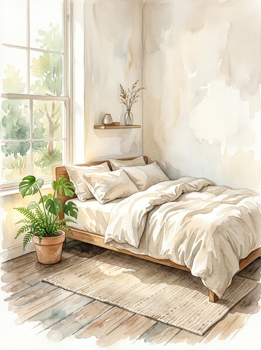 Illustration à l'aquarelle d'une chambre minimaliste et sereine avec un lit en lin, reflétant des valeurs éthiques et personnelles.