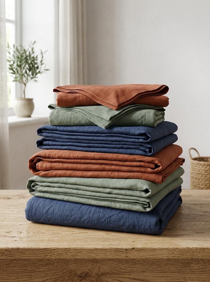Pile de parures de lit en lin de différentes couleurs, pliées sur une surface en bois, représentant le choix du consommateur.