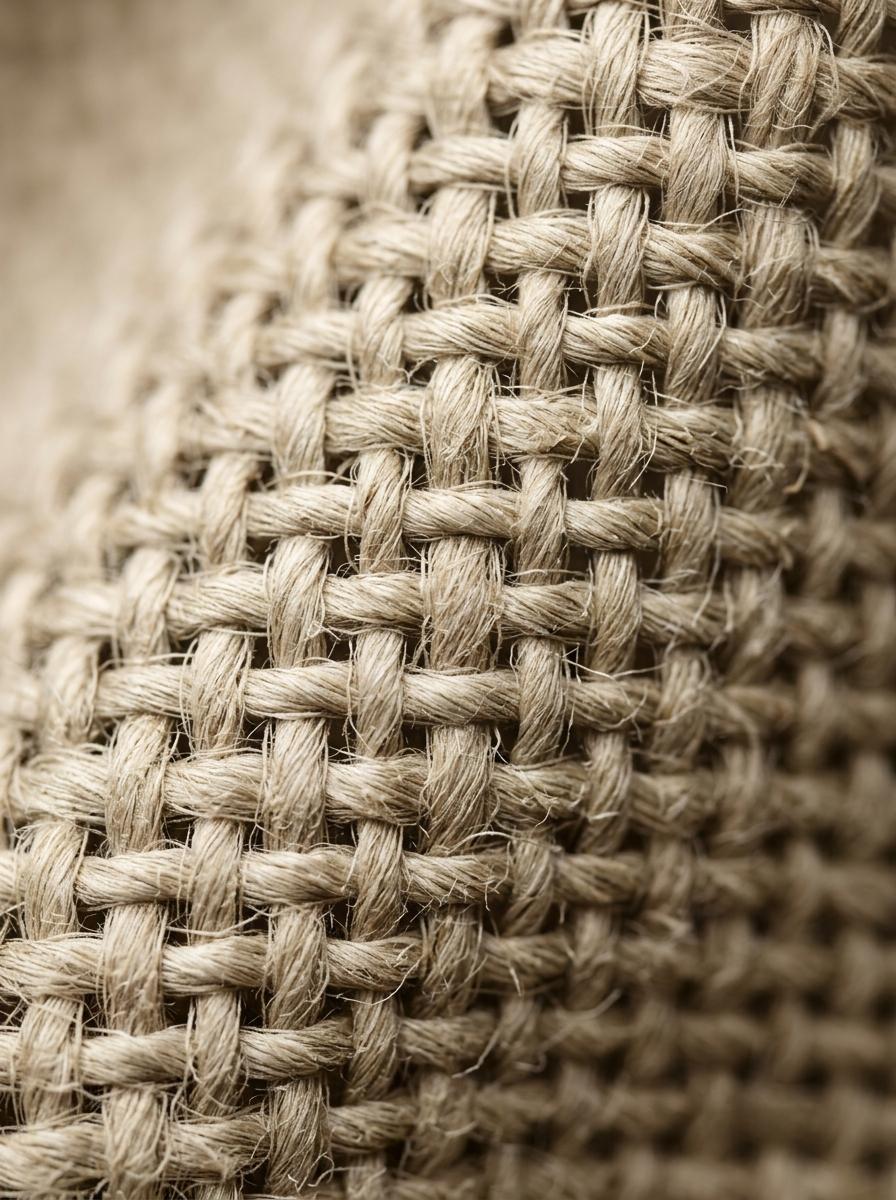 Prise de vue macro de la trame robuste d'un tissu en lin, illustrant sa durabilité et son rapport qualité-prix.