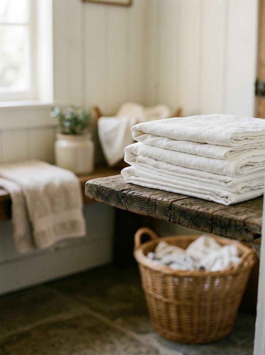 Une pile de draps en lin propres et soigneusement pliés, posée sur une étagère en bois, symbolisant un entretien réussi.