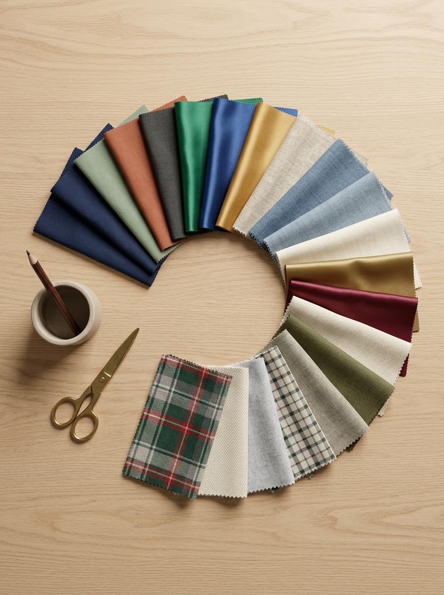 Une collection d'échantillons de tissus de différentes couleurs et textures, disposés en éventail pour symboliser le choix final.