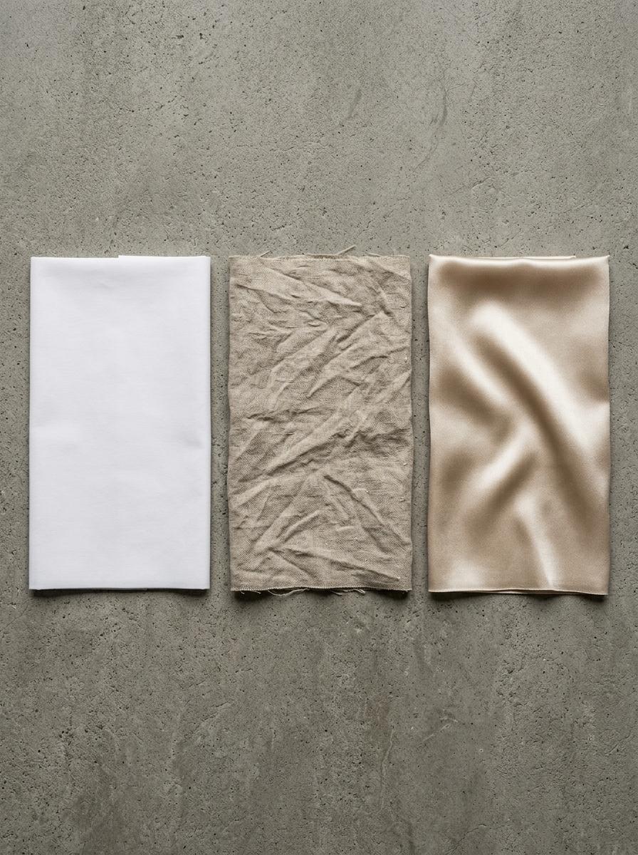 Vue de dessus de trois échantillons de tissu côte à côte : percale mate, lin froissé et satin brillant, pour comparaison.