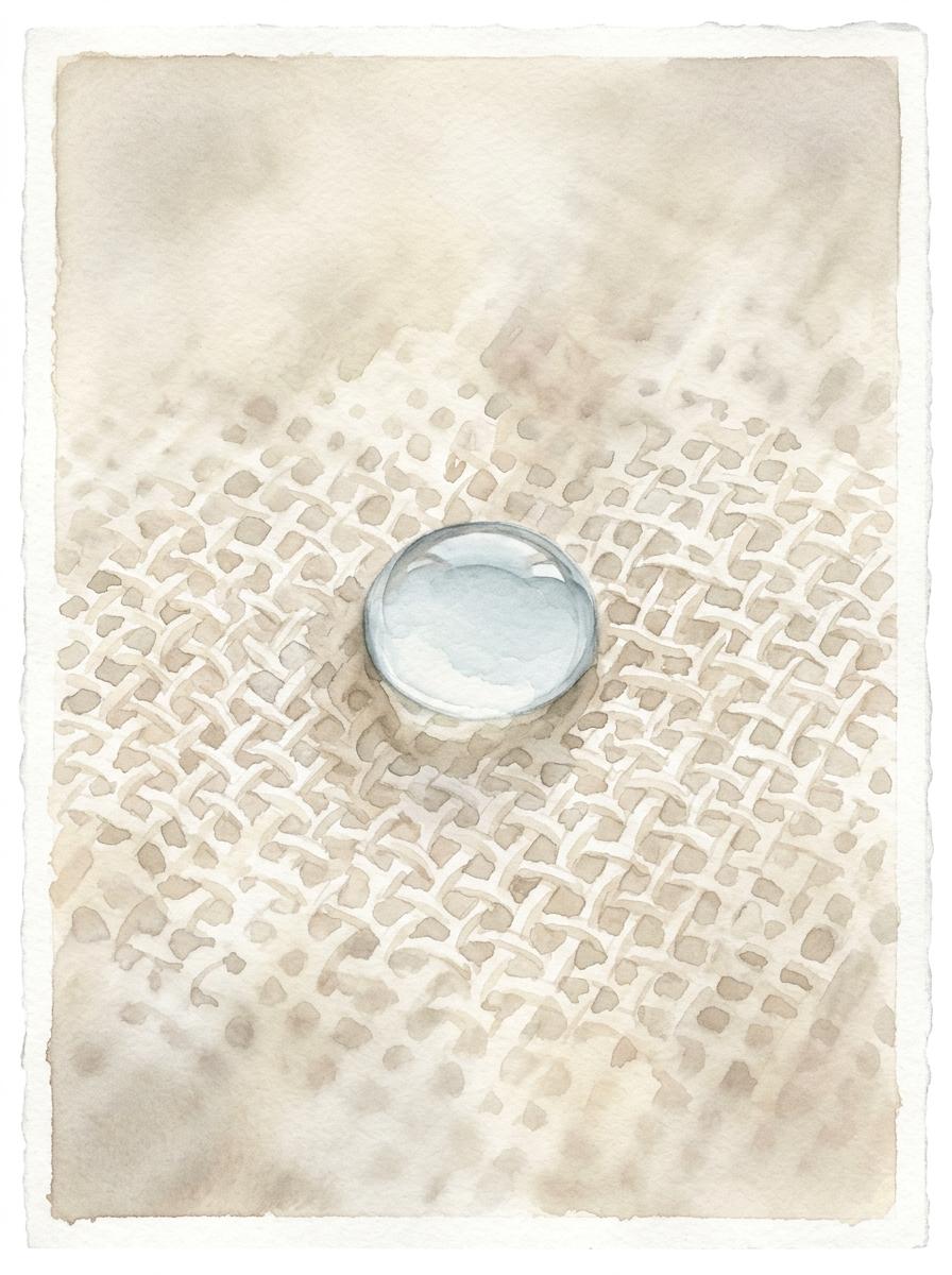 Illustration à l'aquarelle d'une goutte d'eau sur la trame d'un tissu en gaze de coton, symbolisant un traitement doux des taches.