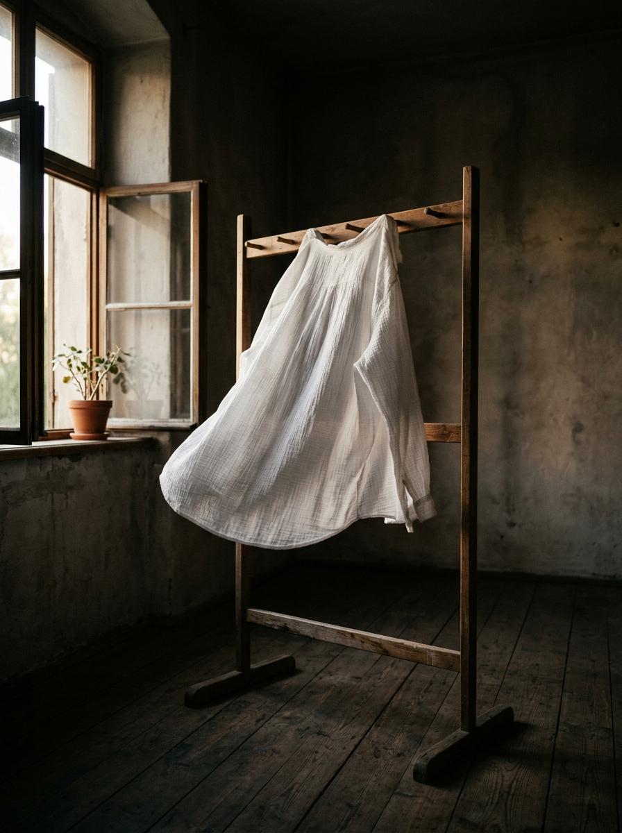 Un linge en gaze de coton blanc séchant à l'air libre sur un séchoir en bois, baigné de lumière naturelle.