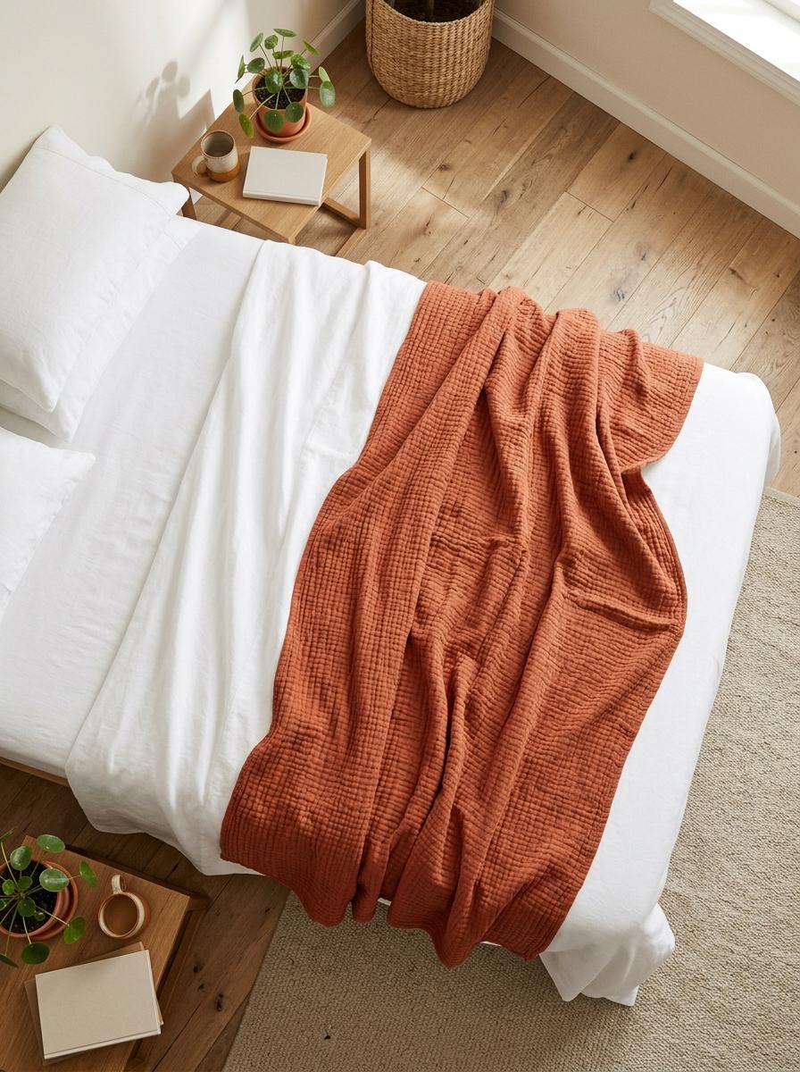 Une couverture en gaze de coton douce et moelleuse, parfaitement lavée, drapée sur un lit pour créer un cocon de douceur.