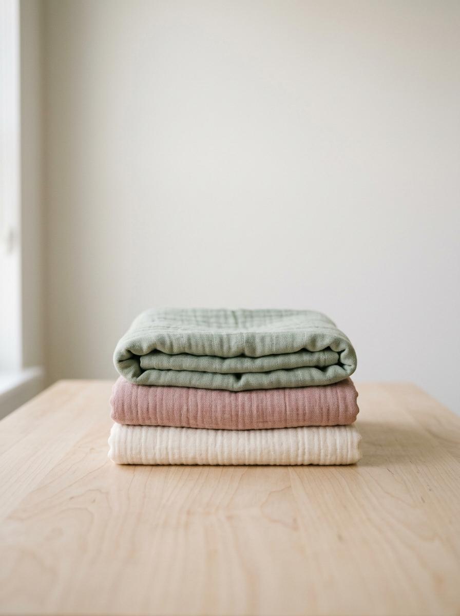Une pile d'articles en gaze de coton soigneusement pliés et prêts pour un premier lavage.