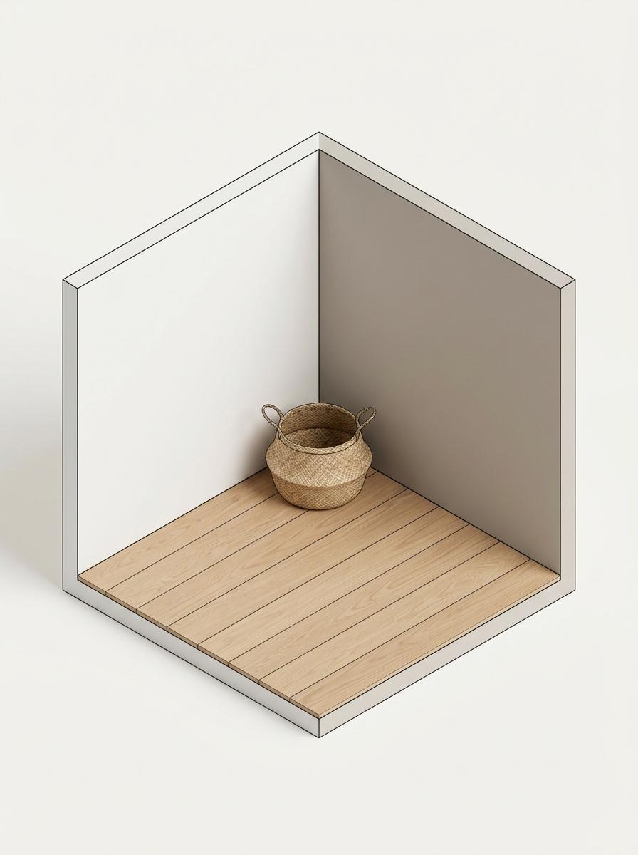 Illustration isométrique d'un coin de pièce vide avec un panier en jonc de mer, symbolisant la planification et la préparation d'un projet de décoration.