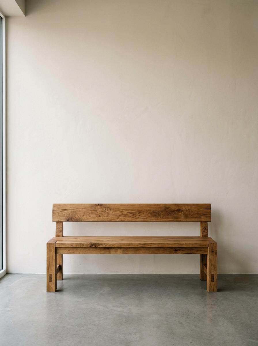 Un banc en bois brut au design simple, placé contre un mur beige uni, incarnant la philosophie du style naturel et minimaliste.