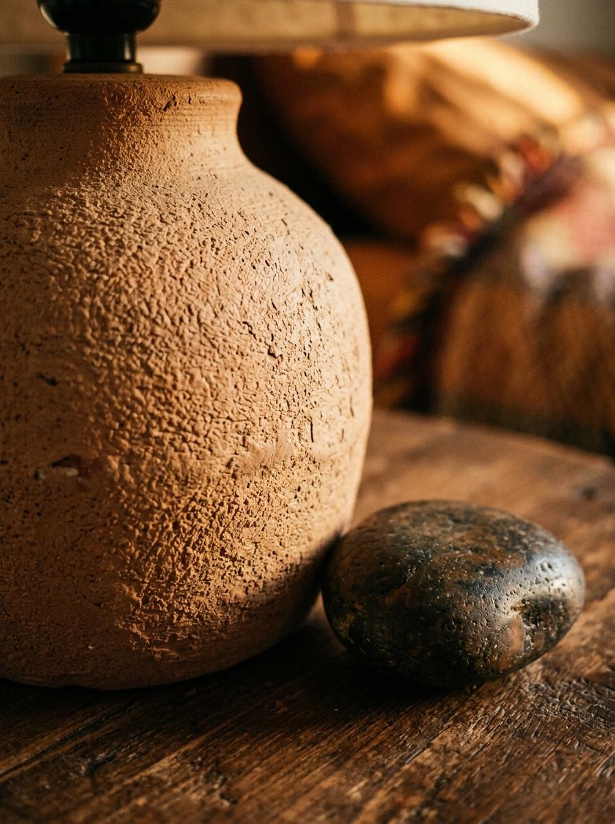 Un plan macro d'une base de lampe en céramique texturée et d'un galet lisse, illustrant les détails et les finitions d'une chambre naturelle.