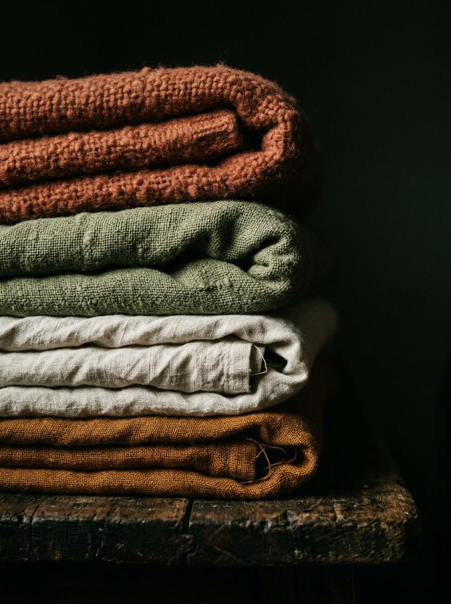 Un gros plan sur une pile de tissus naturels pliés, affichant une palette de couleurs terreuses : vert sauge, terracotta et ocre.
