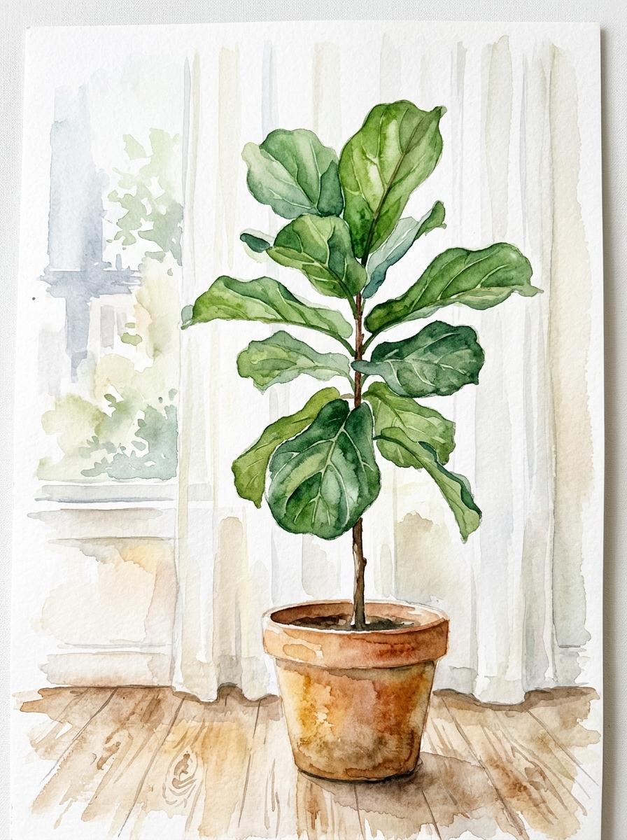 Illustration à l'aquarelle d'une plante verte luxuriante dans un pot en terre cuite, placée près d'une fenêtre pour une touche végétale subtile.