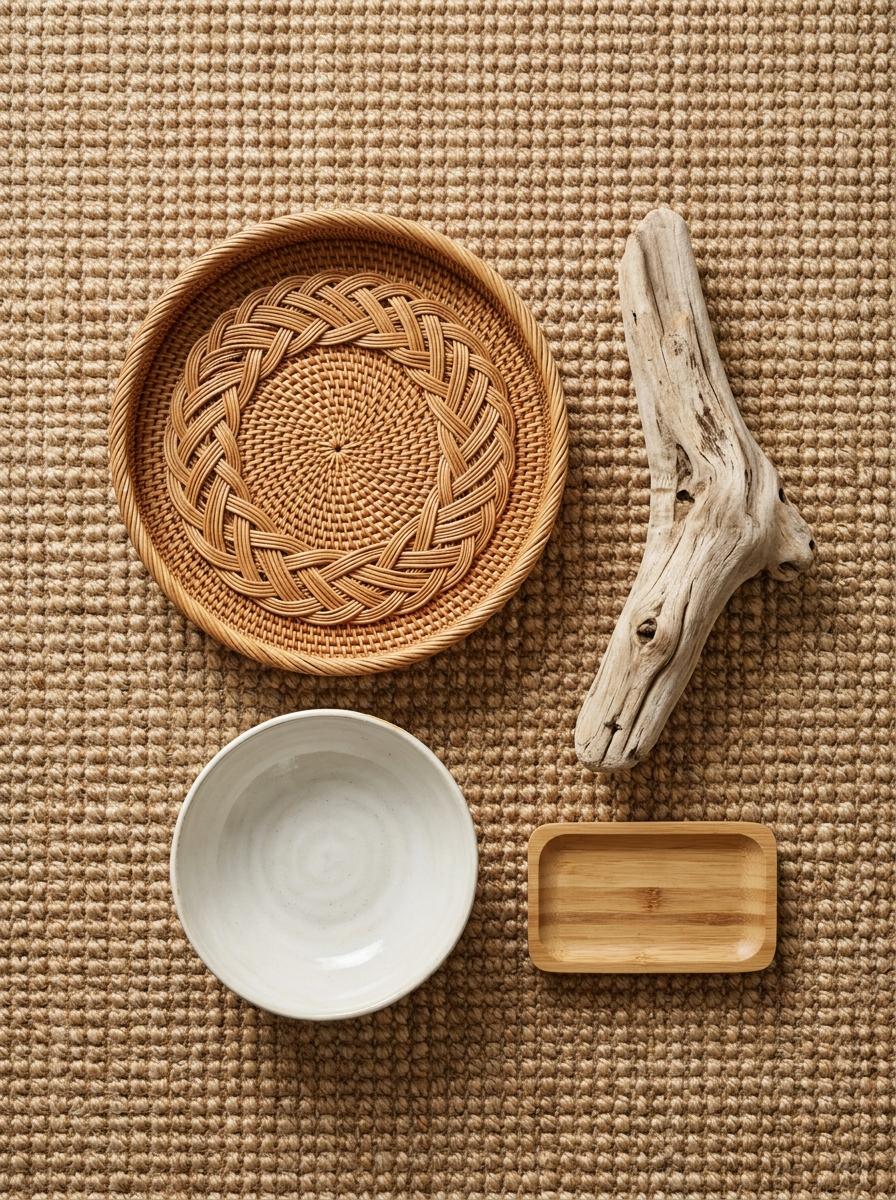 Une vue de dessus d'une composition d'objets en matériaux naturels : rotin tressé, céramique, bois flotté et bambou sur un tapis en sisal.