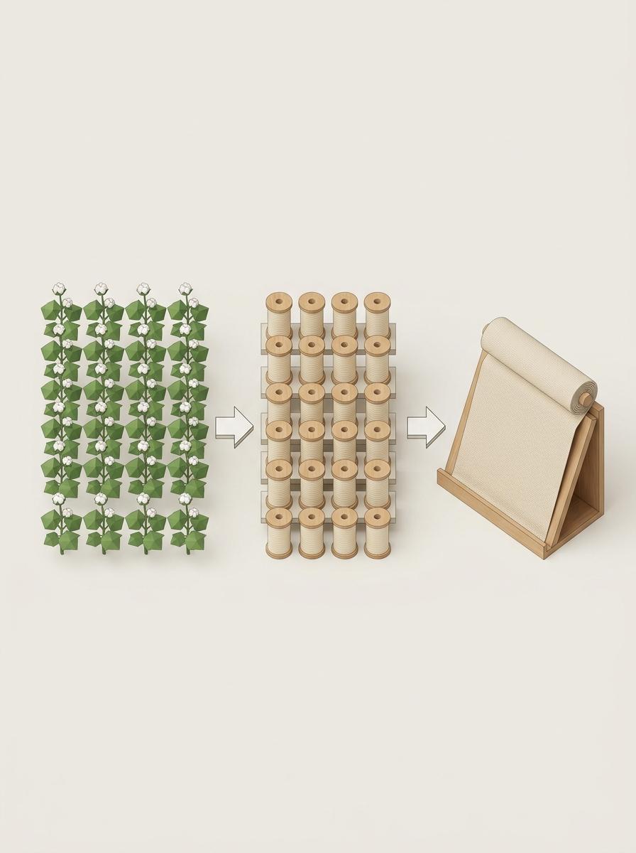 Illustration isométrique montrant les étapes du coton, de la plante au fil puis au tissu, pour comparer les certifications.