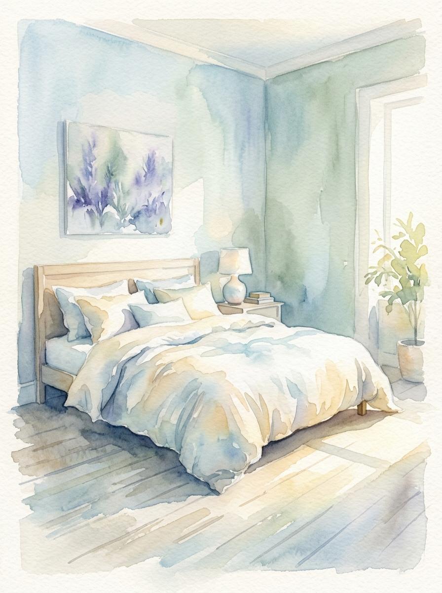 Illustration à l'aquarelle d'un coin de chambre à coucher serein, avec un lit confortable, évoquant le bien-être.