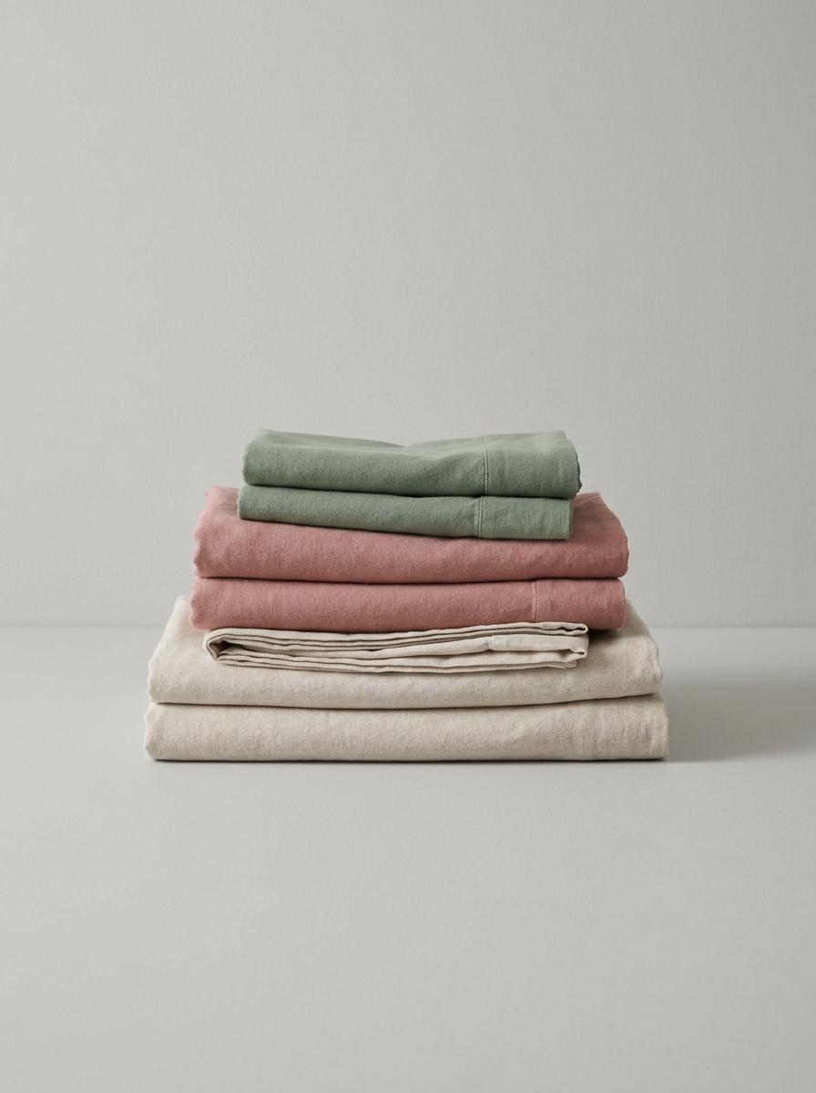 Pile de draps en coton biologique de différentes couleurs pastel, pliés sur une surface neutre.