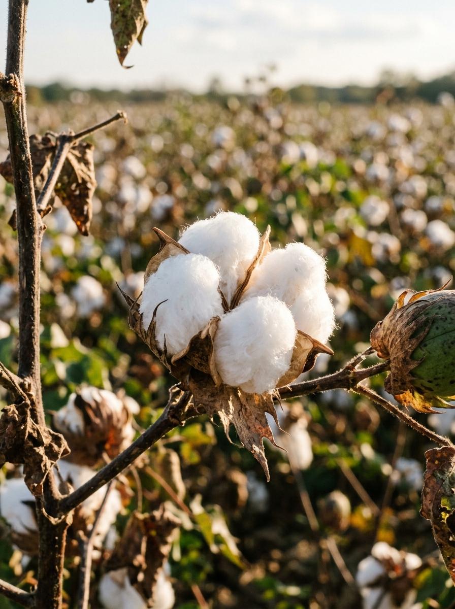 Gros plan sur une fleur de coton mûre dans un champ, montrant les fibres blanches et naturelles à l'origine du coton biologique.