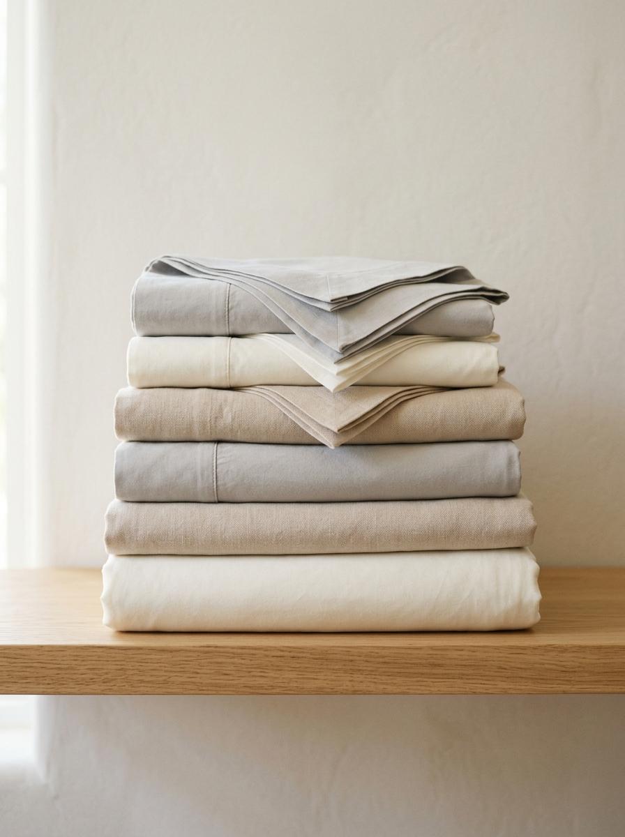 Une pile de draps de lit de haute qualité, soigneusement pliés et rangés, évoquant le choix et la confiance.