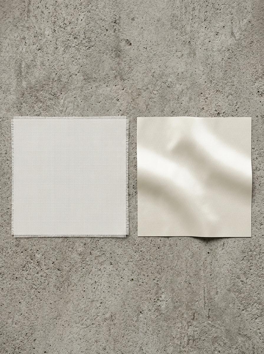 Vue de dessus de deux échantillons de tissu : un mat (percale) et un brillant (satin).