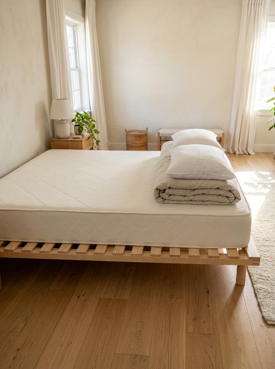 Un matelas hybride posé sur un sommier à lattes en bois dans une chambre lumineuse, avec une couette et des oreillers pliés à ses pieds.