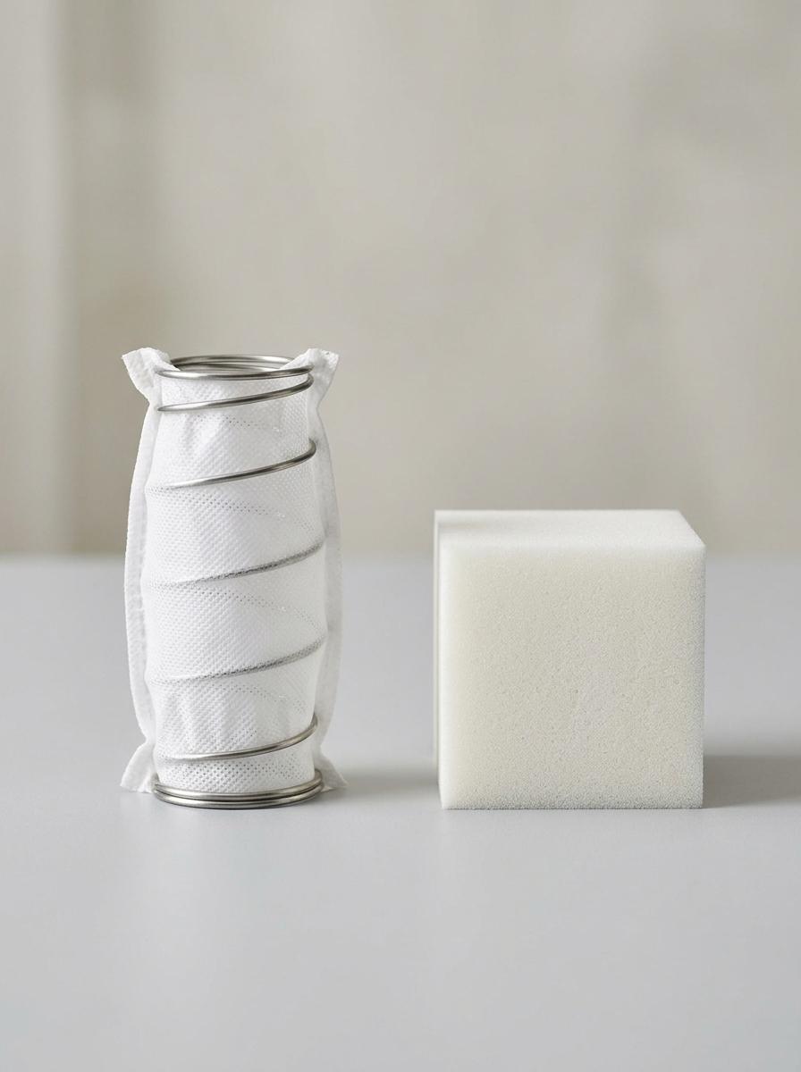 Un ressort ensaché individuel et un bloc de mousse à mémoire de forme posés côte à côte, illustrant les composants d'un matelas hybride.
