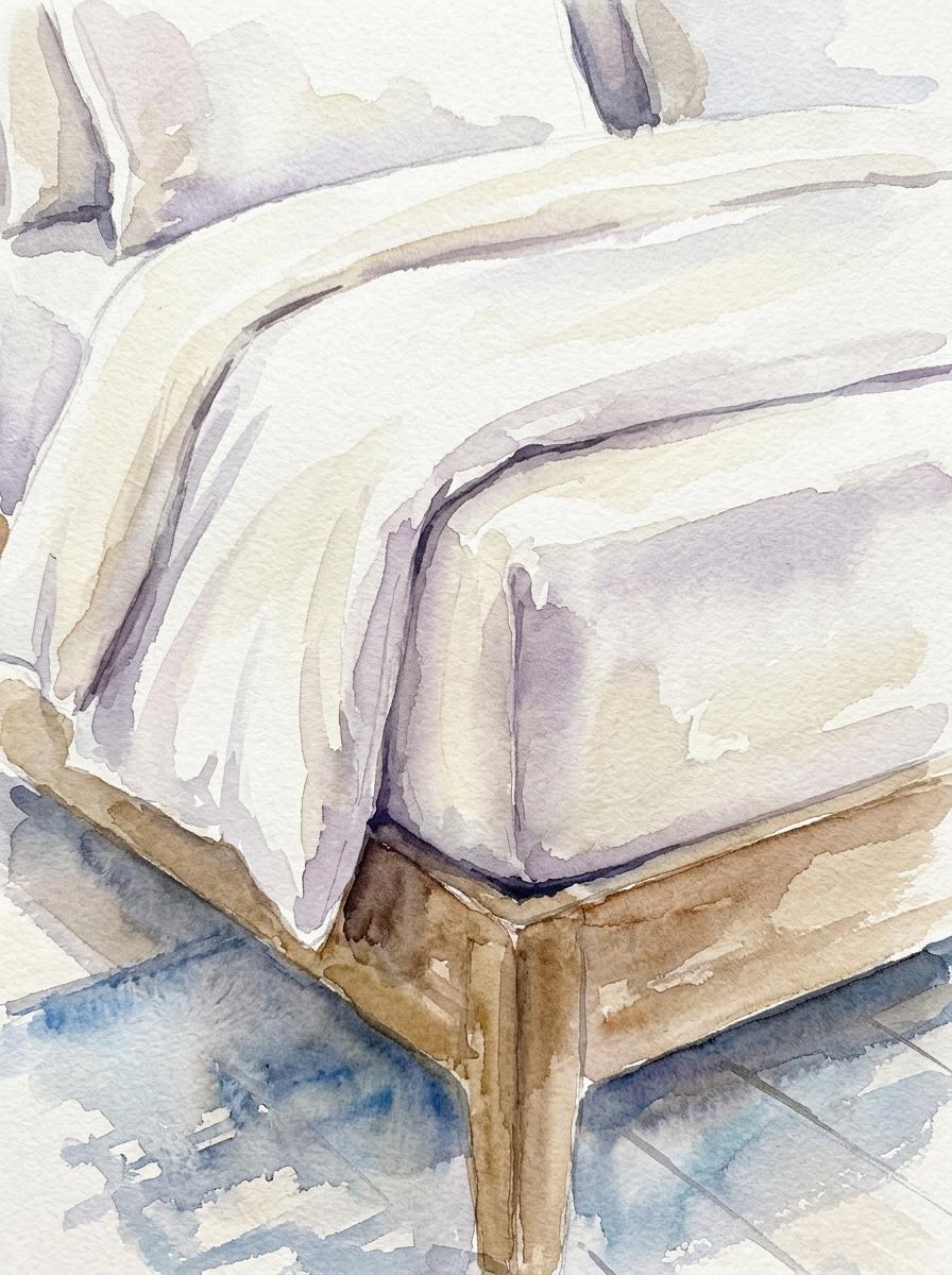 Illustration à l'aquarelle du coin d'un lit parfaitement fait, évoquant le confort et la satisfaction finale.