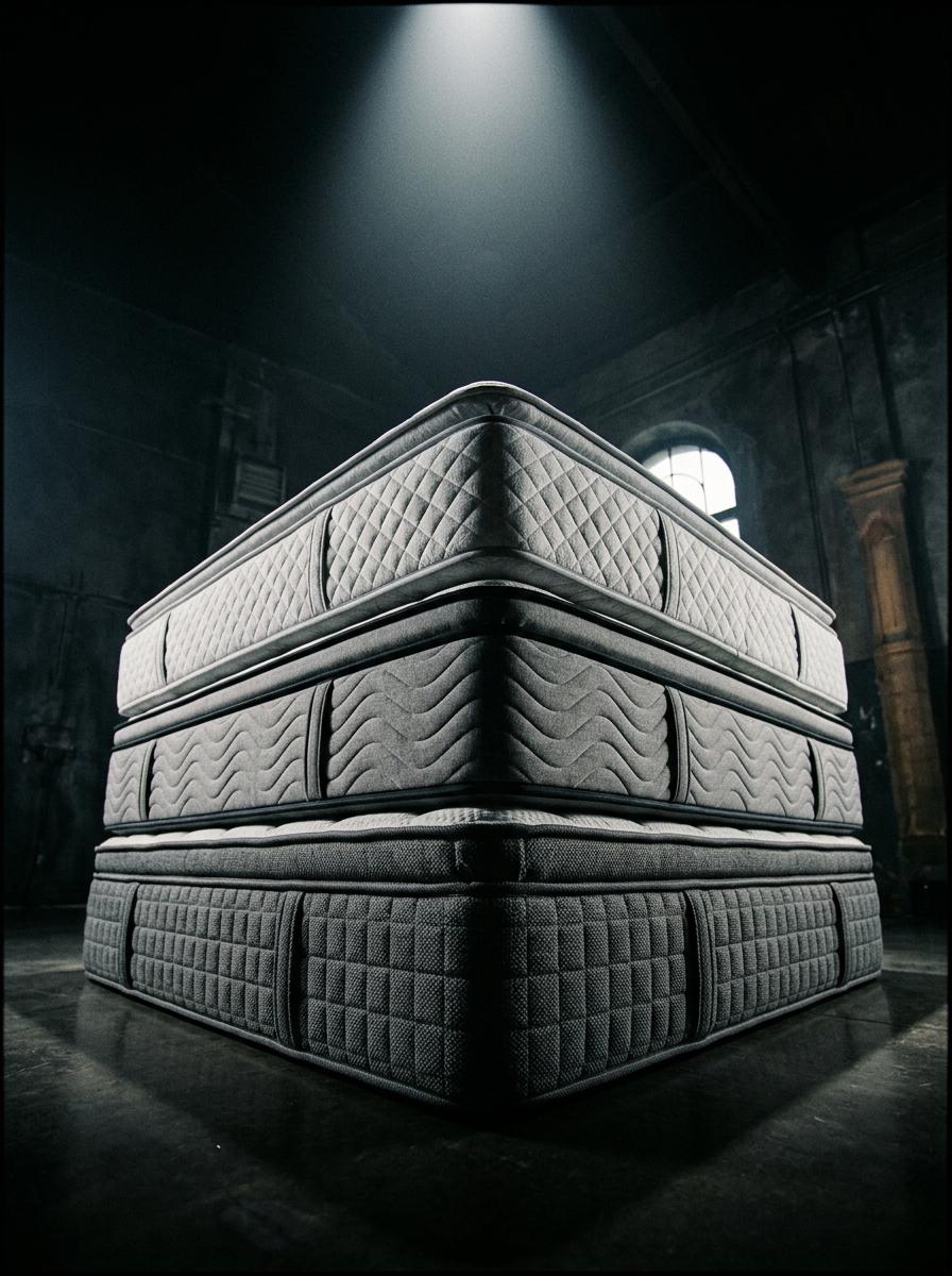 Une pile de trois matelas hybrides différents, vue en contre-plongée pour un effet dramatique et comparatif.