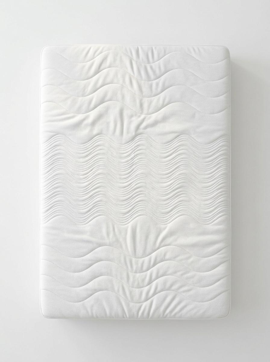 Vue de dessus d'une surface de matelas blanc avec un motif de surpiqûres subtilement différent pour indiquer les zones de confort.