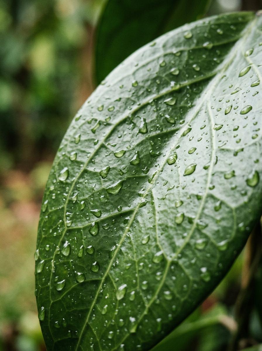 Photo macro d'une feuille de plante verte et cireuse, couverte de fines gouttelettes d'eau qui révèlent sa texture et ses nervures détaillées.