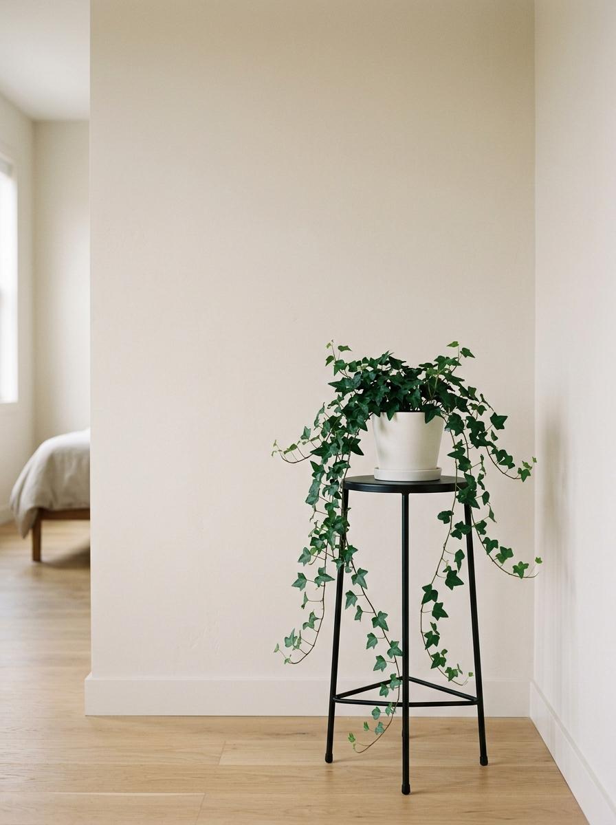 Un coin de chambre minimaliste avec une seule plante de lierre sur un support haut et fin, entourée d'un grand espace vide apaisant.