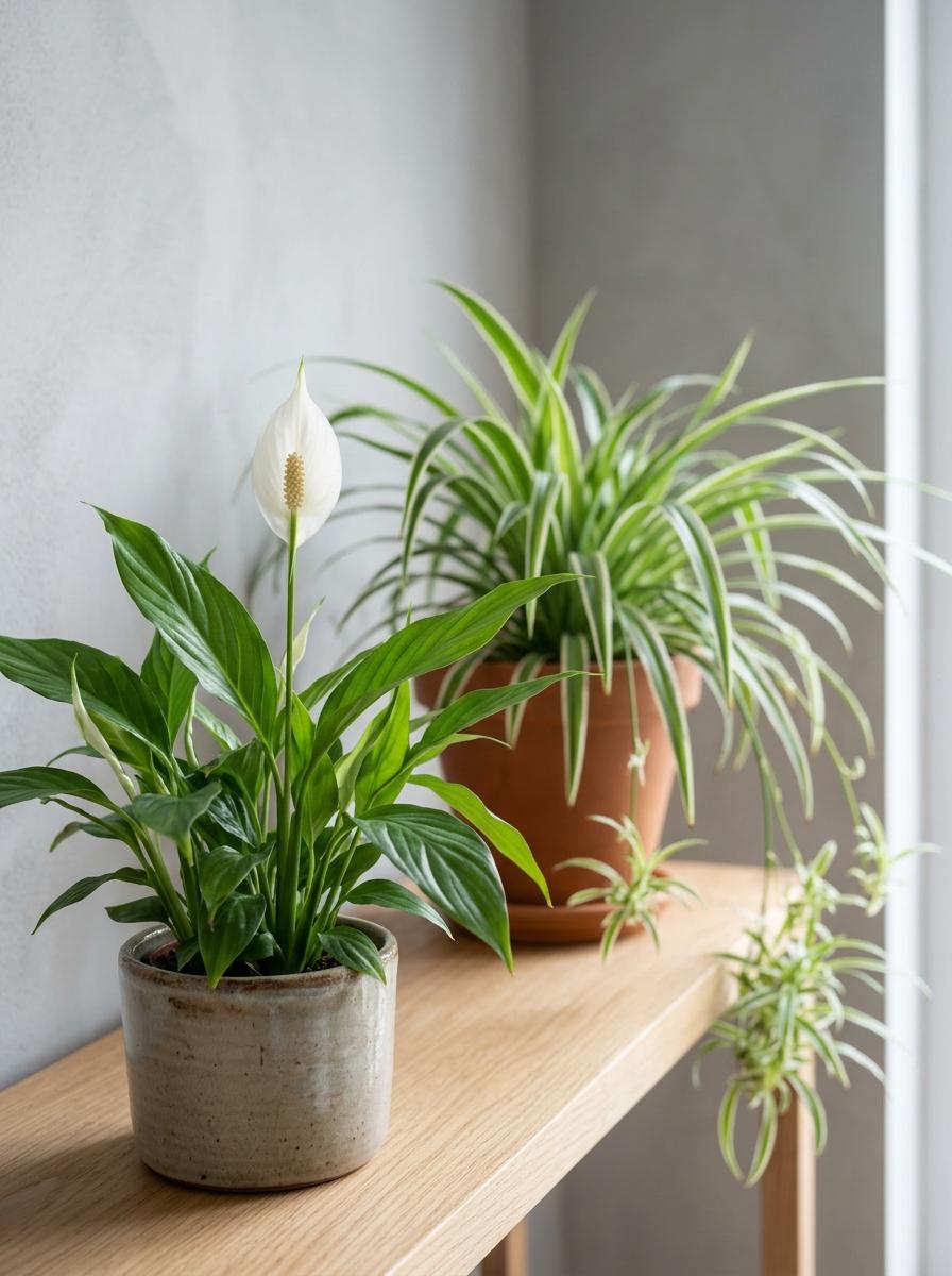 Un Fleur de Lune avec sa fleur blanche au premier plan, et une plante araignée floue à l'arrière-plan, sur une étagère en bois.