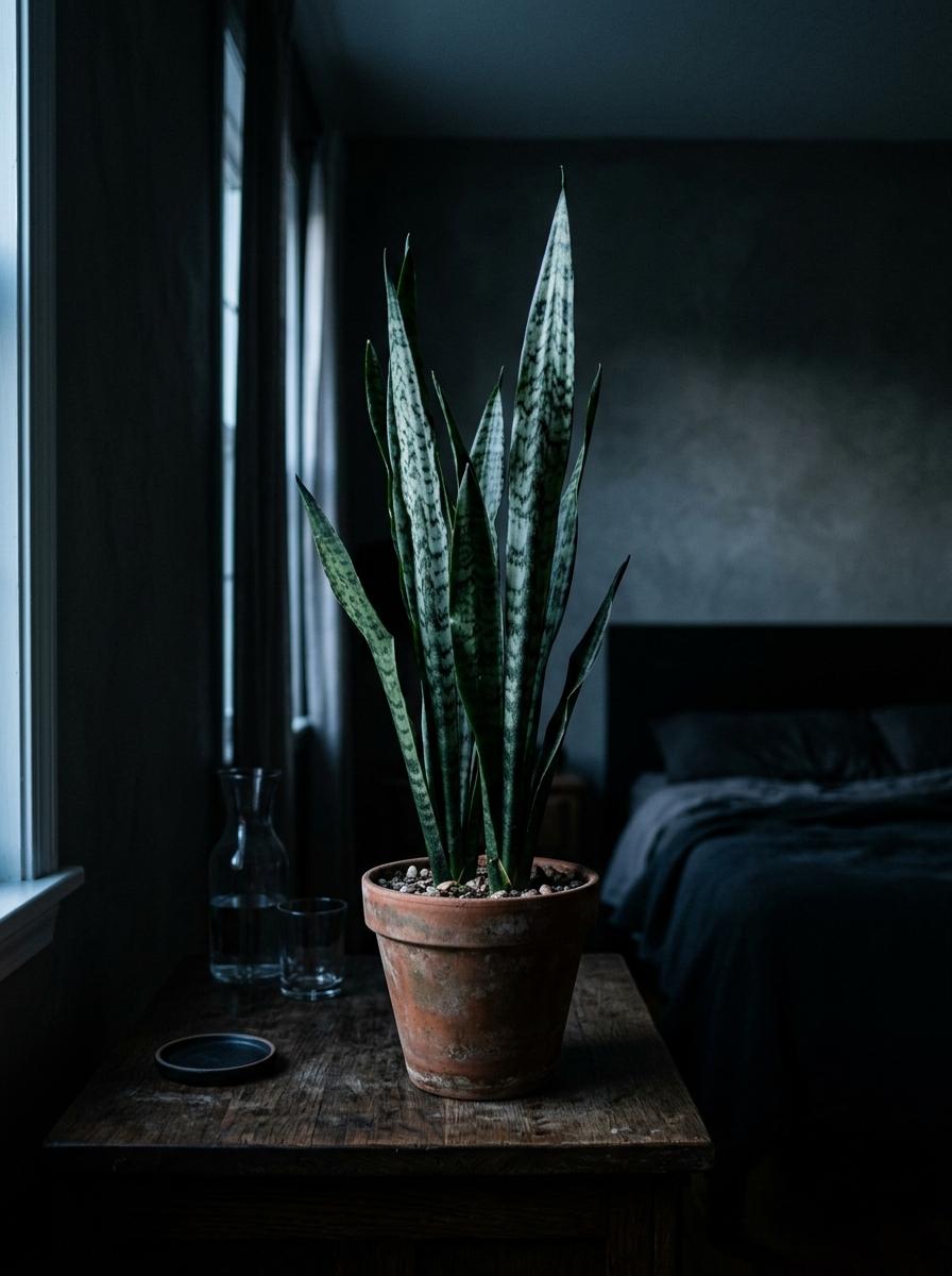 Une plante serpent (Sansevieria) sur une table de chevet la nuit, ses feuilles graphiques éclairées par une lumière nocturne provenant d'une fenêtre.