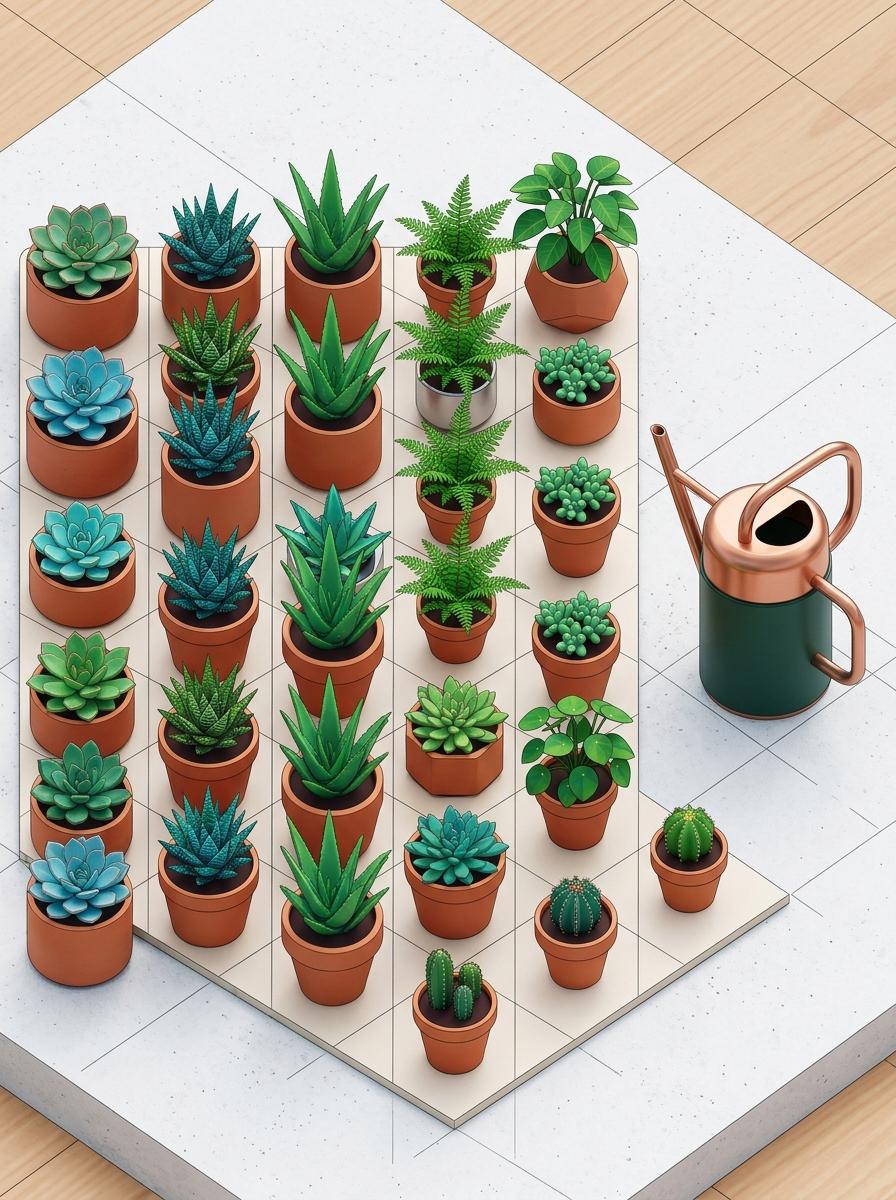Vue de dessus en illustration isométrique d'un groupe de petites plantes en pot et d'un arrosoir, disposés de manière ordonnée.
