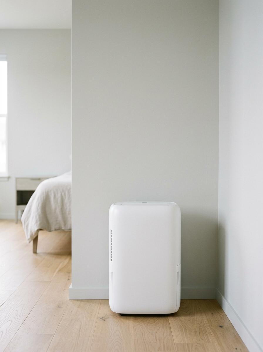 Un déshumidificateur moderne et épuré, posé dans le coin d'une chambre minimaliste.