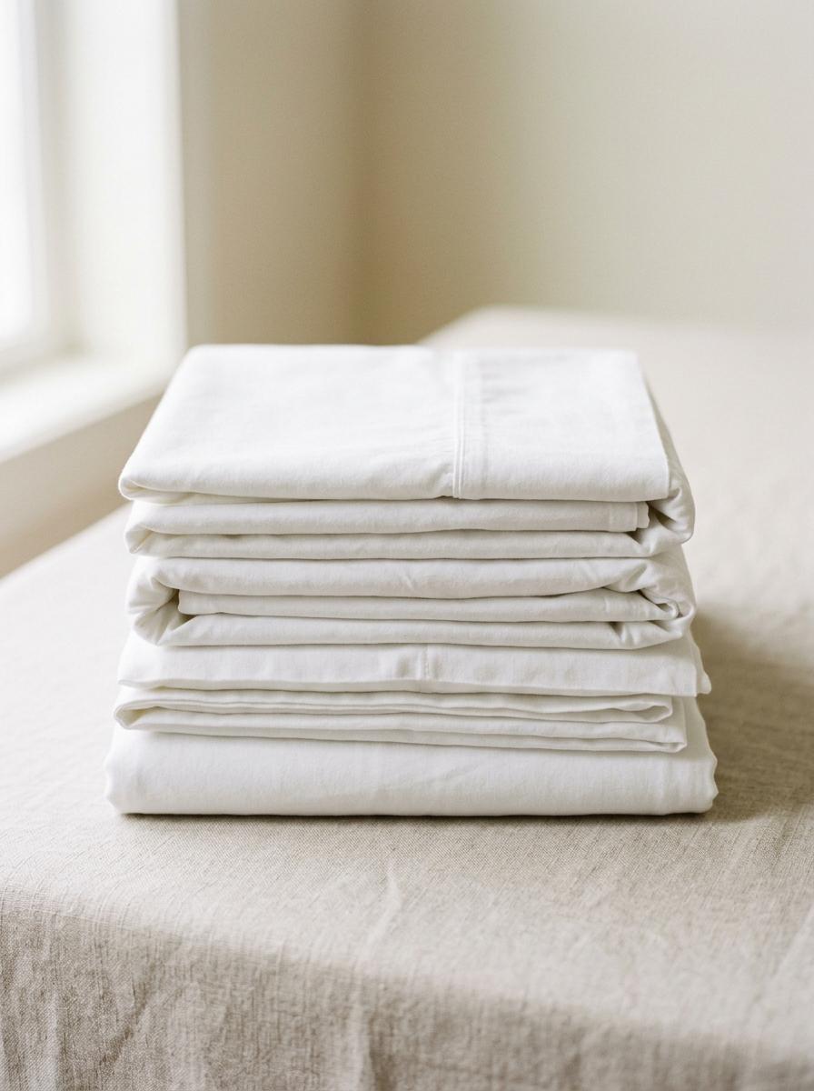 Une pile de draps et taies d'oreiller blancs, propres et parfaitement pliés, sur une surface neutre.