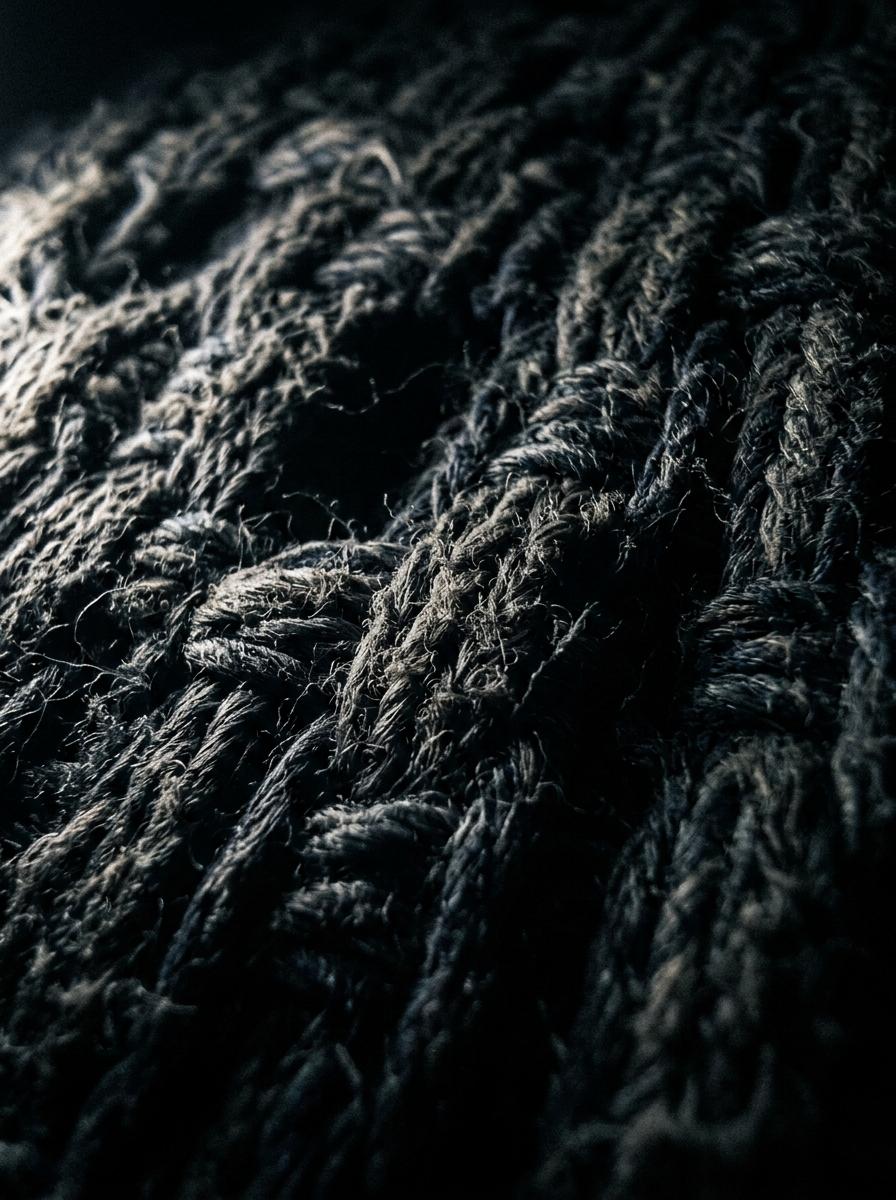 Une vue macro de la texture tissée d'un matelas, avec un éclairage dramatique qui crée des ombres, suggérant un monde microscopique.