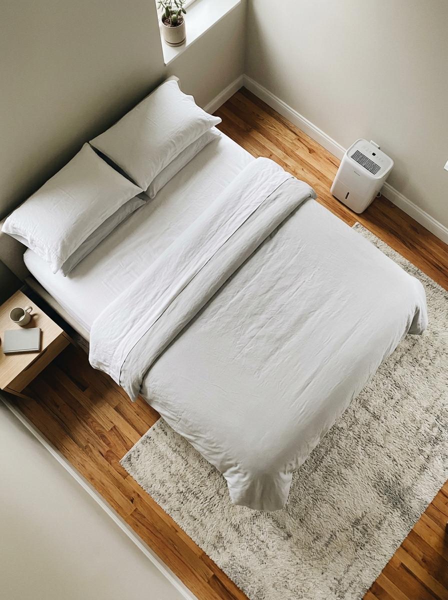Vue de dessus d'une chambre saine et bien rangée, montrant le lit, un sol propre et un déshumidificateur dans le coin.