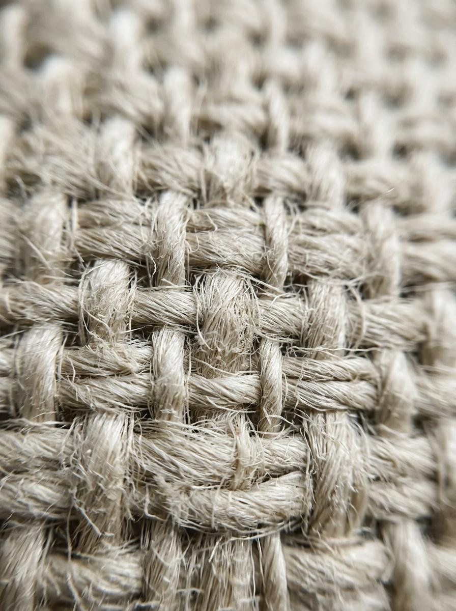 Gros plan macro sur la trame d'un tissu en lin brut de couleur neutre, montrant la texture naturelle de la fibre.
