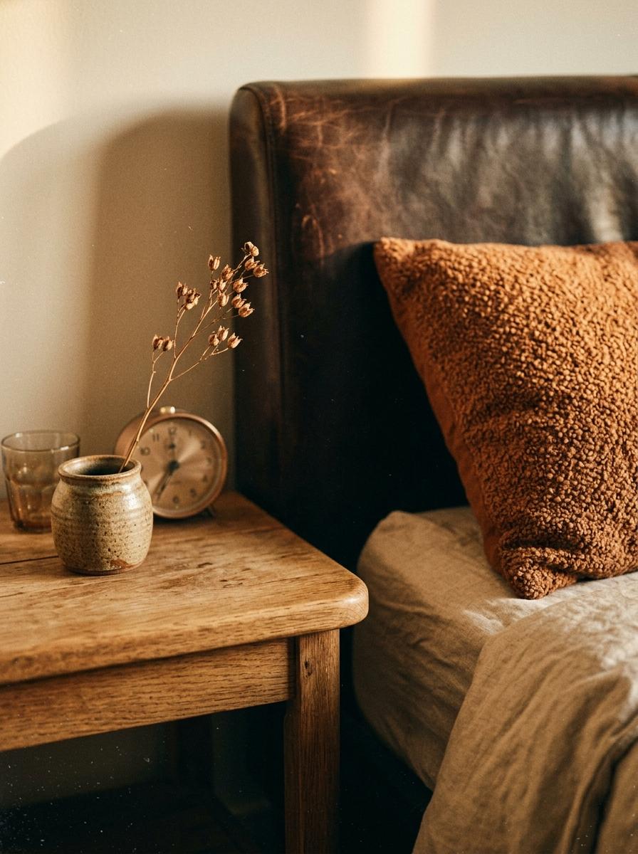 Le coin d'une chambre de style rétro avec une table de chevet en bois, un pot en céramique et un lit avec un oreiller en bouclé.