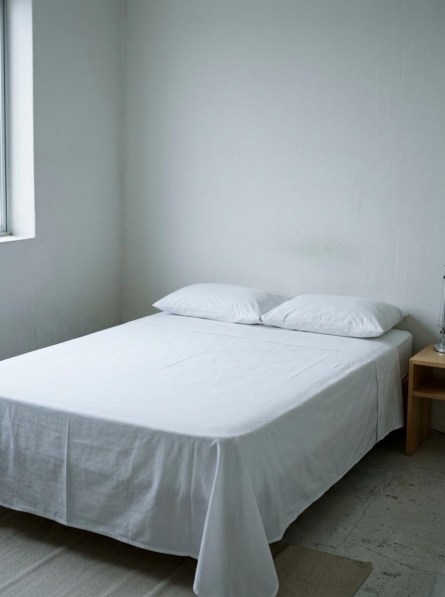 Un lit d'une blancheur stérile avec uniquement des draps et oreillers en coton lisse, illustrant un manque de texture et de chaleur.