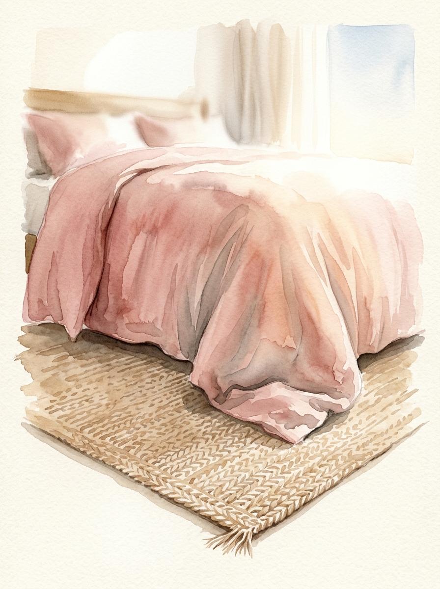 Vue artistique au ras du sol d'un tapis en jute texturé sur un parquet, avec le bord d'une couette en lin qui tombe du lit.