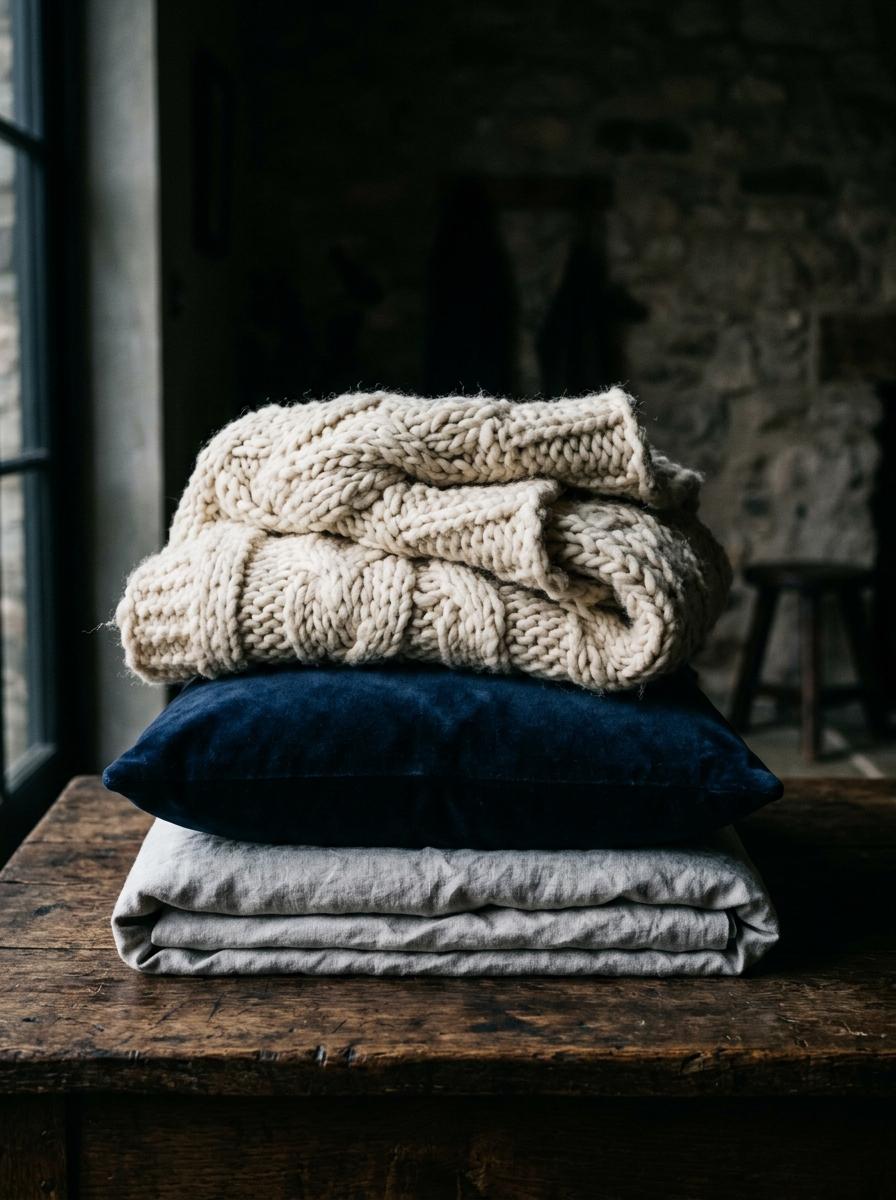 Une pile de trois textiles pliés sur une surface en bois : un drap en lin, un coussin en velours et une couverture en grosse maille.