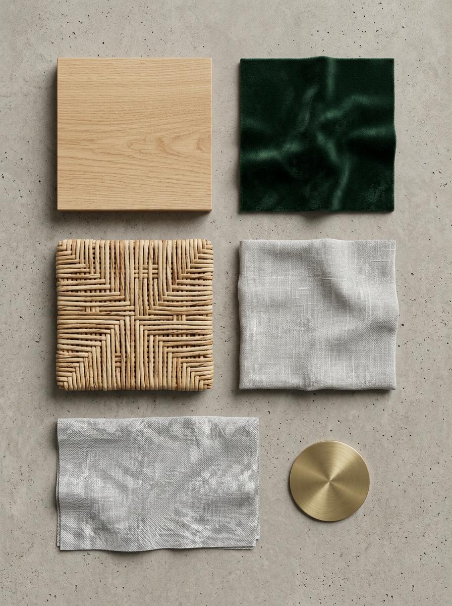 Vue de dessus d'une palette d'échantillons de matériaux de décoration, avec des carrés de bois, de rotin, de velours et de lin.