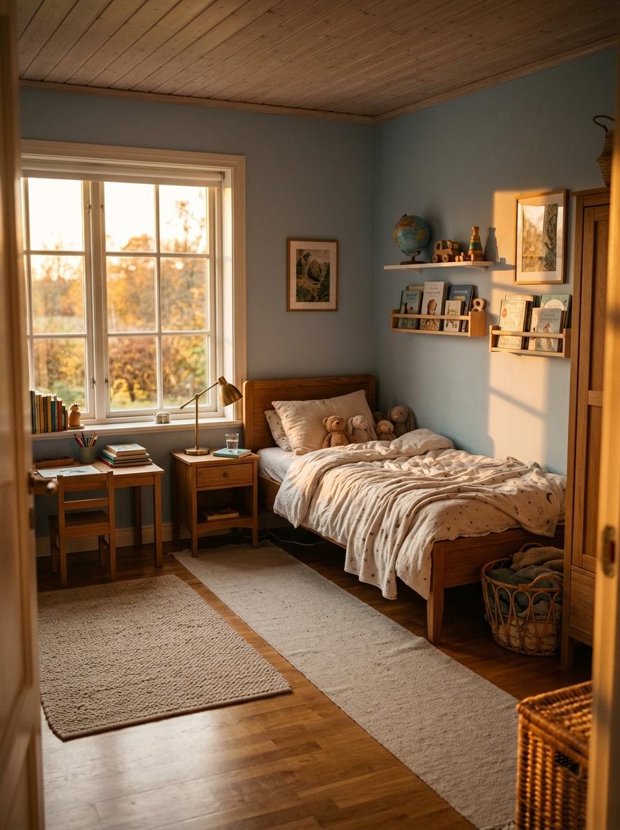 Une chambre d'enfant sereine et saine au coucher du soleil, avec une lumière dorée qui entre par la fenêtre, créant une ambiance paisible.