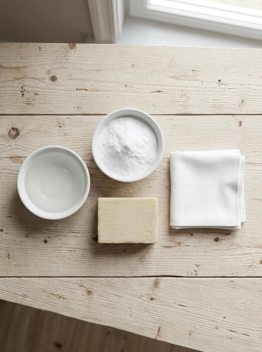 Une composition à plat de produits détachants naturels : bicarbonate de soude, vinaigre blanc et savon de Marseille disposés sur une surface en bois clair.